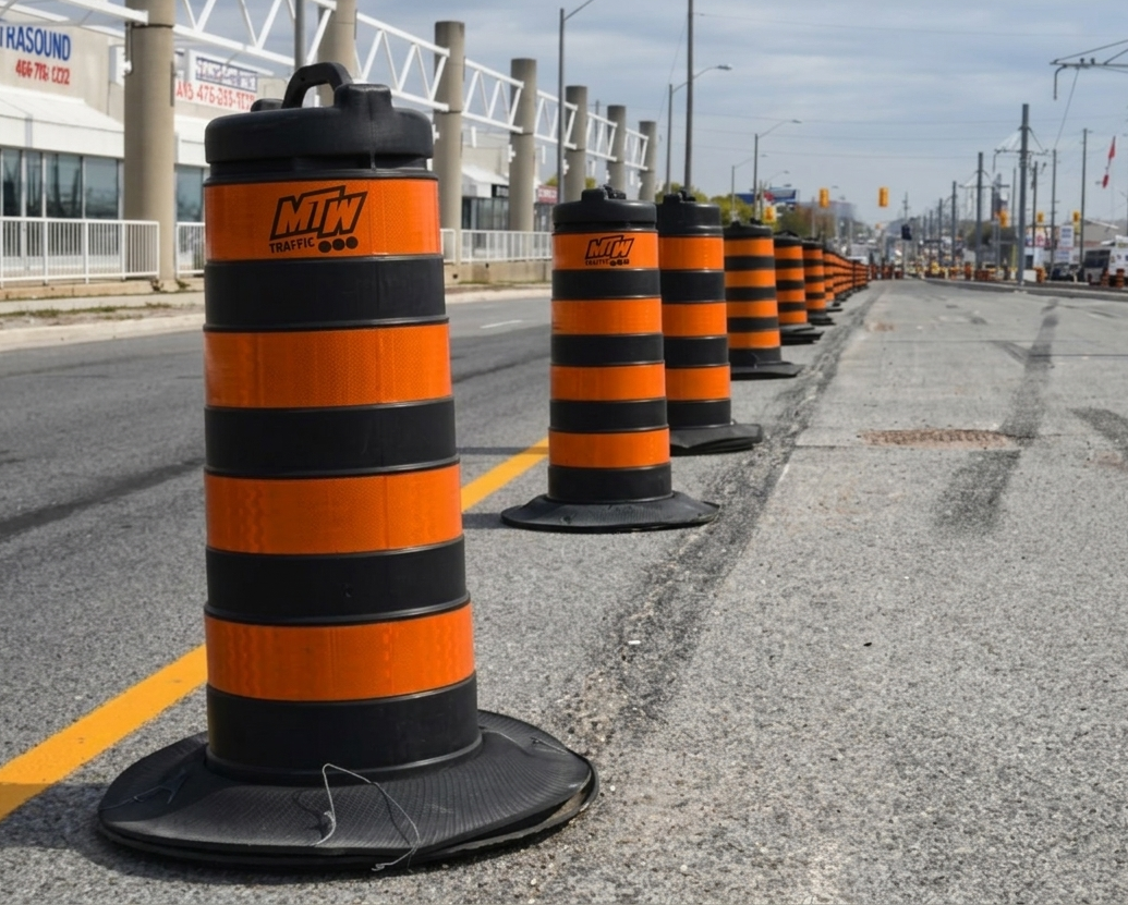 Traffic barrels and cones marking a road construction work zone